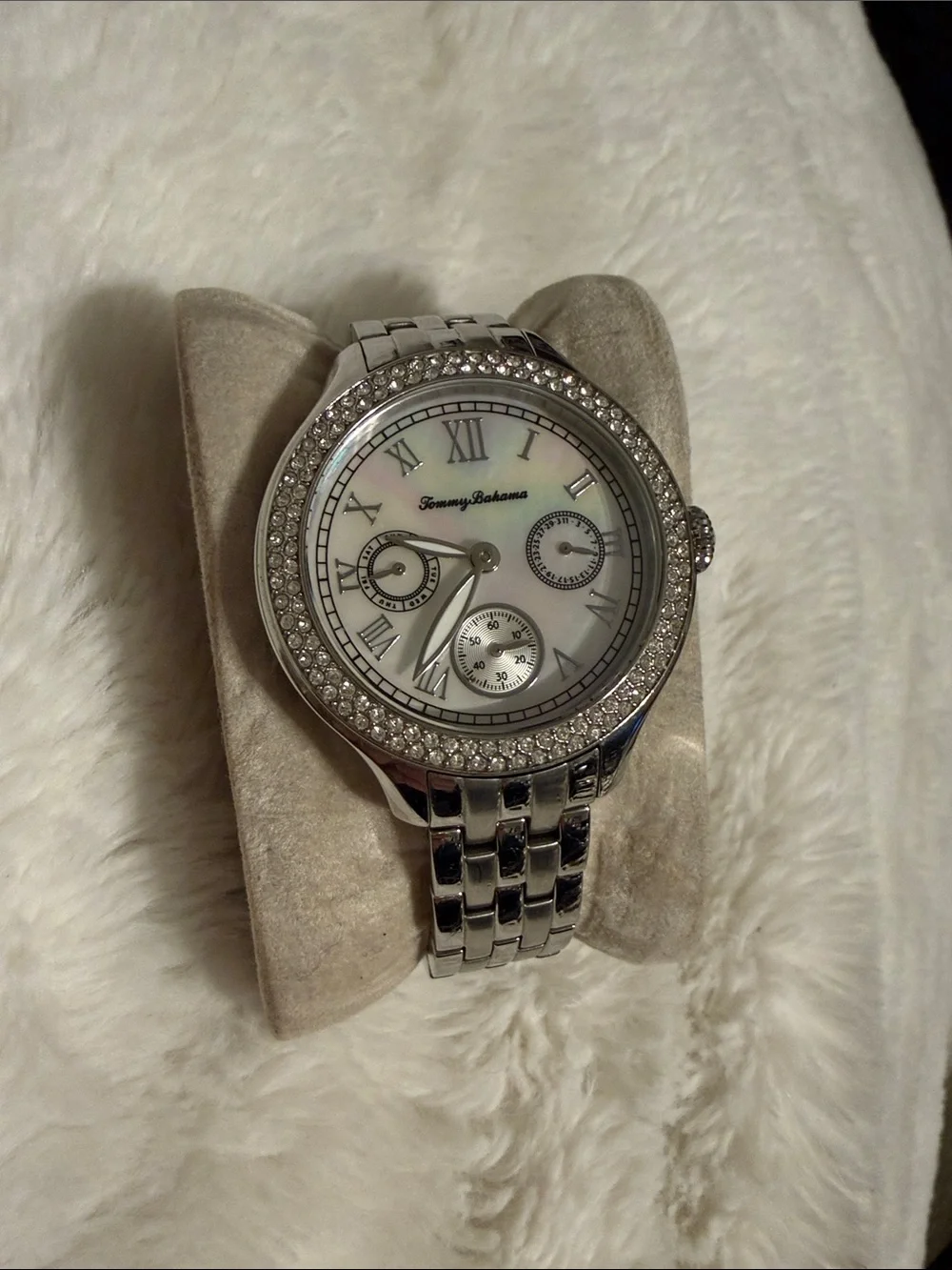 Tommy Bahama Silver-Tone Crystal Bezel Mother-of-Pearl Watch